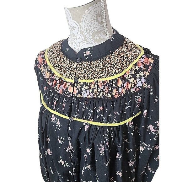 Free People Womens Black Floral Puff Sleeve Boho Cottagecore Peasant Top Small - Picture 2 of 9